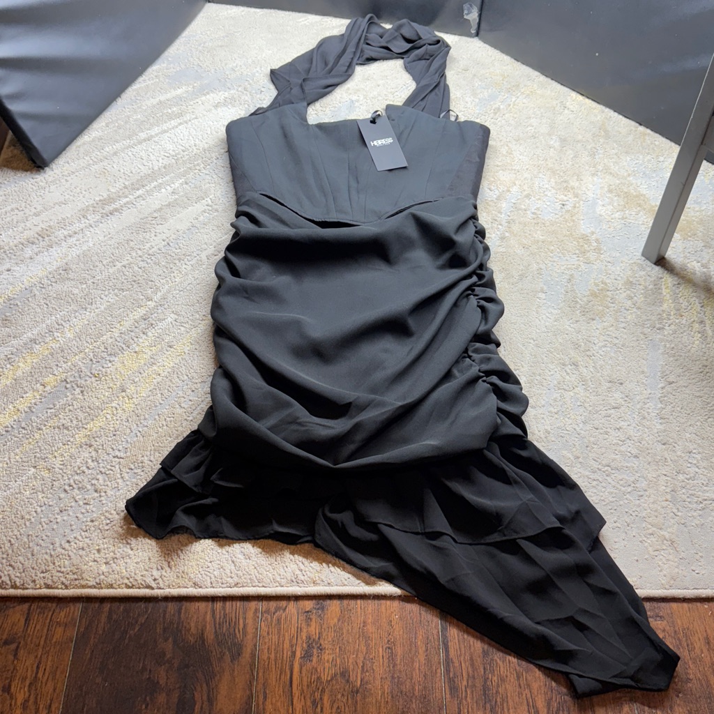 Beautiful Heiress Beverly Hills Black Asymmetric Ruffle Corset Dress. New Size L